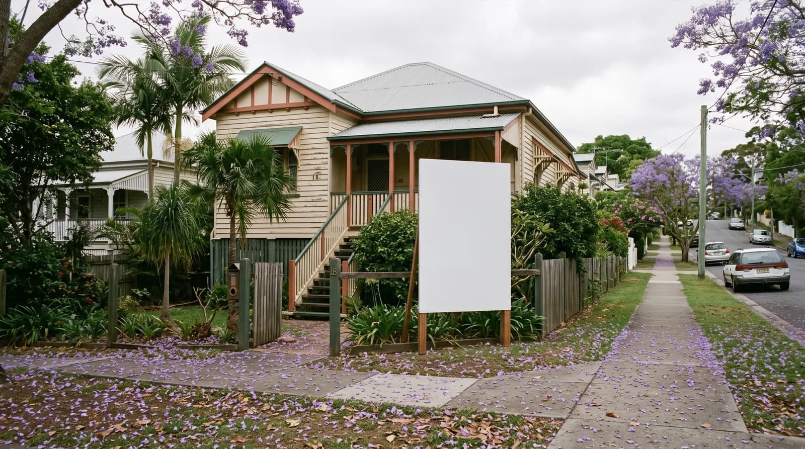 A quiet Brisbane street on an overcast spring afternoon, a blank real estate signboard in front of a raised timber house and jacaranda flowers on the footpath.