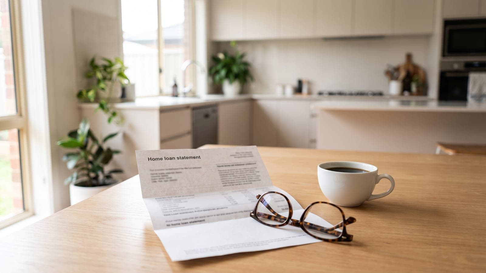 A home loan statement, reading glasses and a coffee on a kitchen table in morning light.