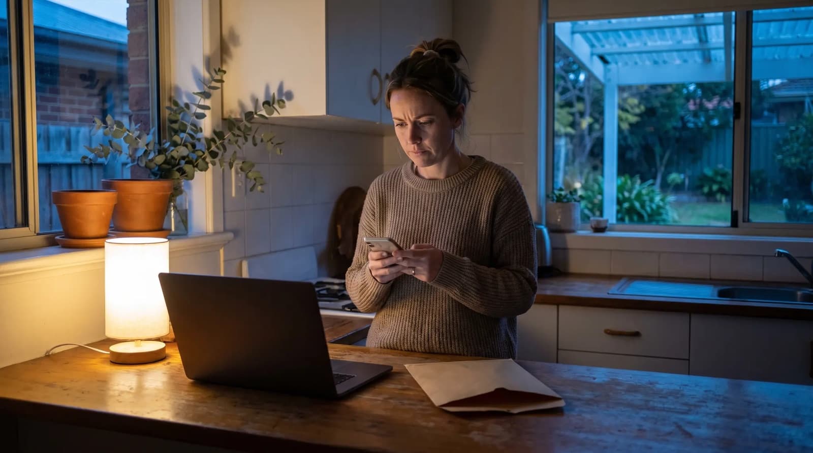 A woman reading her phone at a kitchen bench in a suburban Australian home at dusk, a laptop and an opened letter beside her.