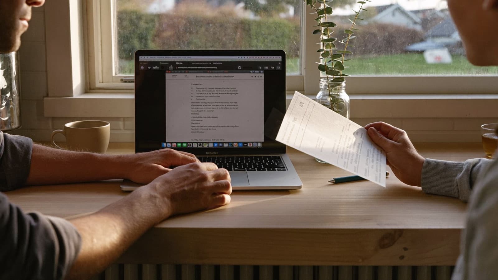 A printed calendar on a kitchen bench beside a laptop showing a home loan repayment screen, morning light in a suburban Australian home.