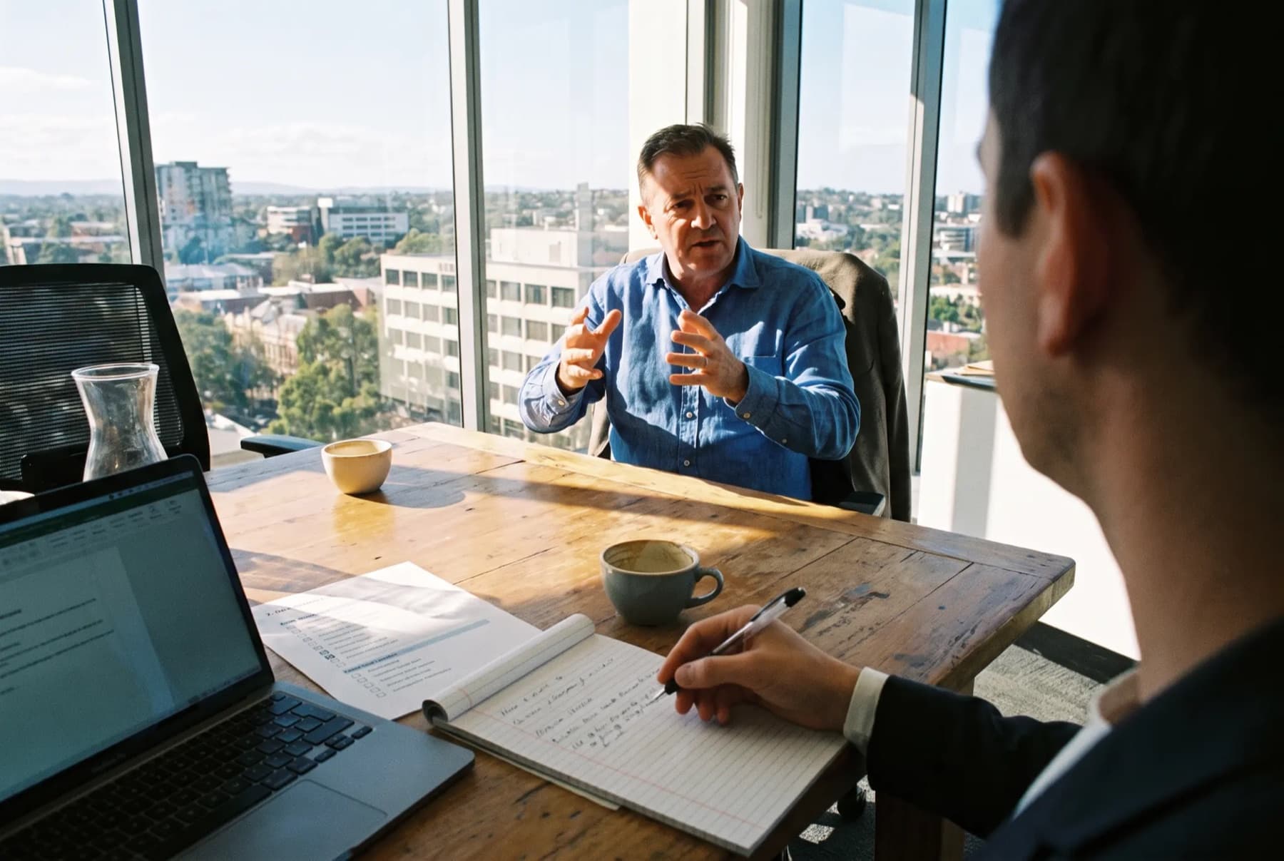 A broker answering questions across a desk in a long interview