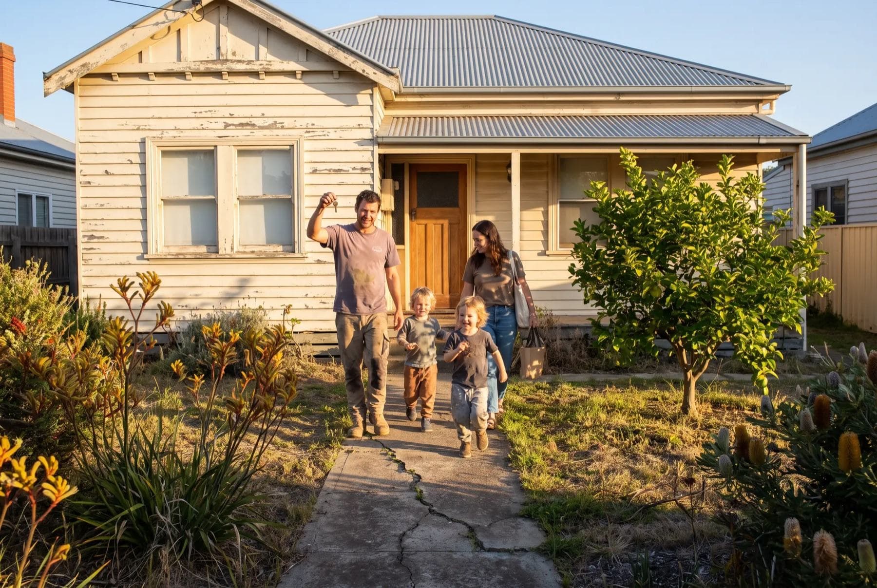 A family walking down the path of their weatherboard home, keys in hand