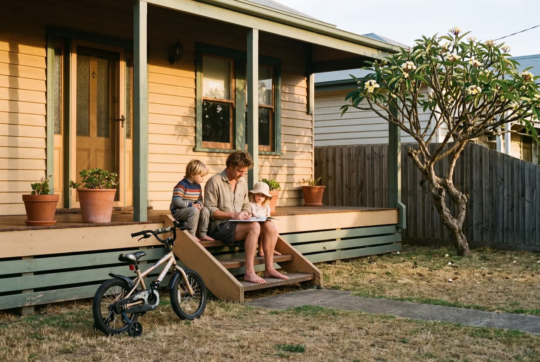 A family relaxing on the front steps of their weatherboard home